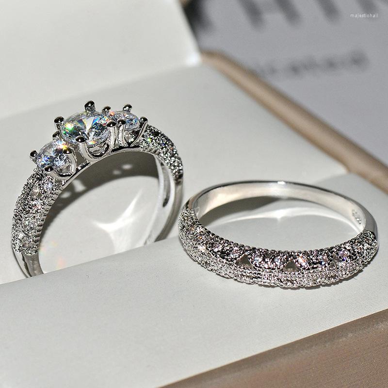 

Wedding Rings 2PCS 2022 Silver Color Ring With Bling Zircon Stone Engagement Set For Women Fashion Jewelry