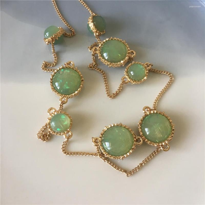 

Chains Gold Color Green Stone Side Engraved Pendant Long Necklace For Women