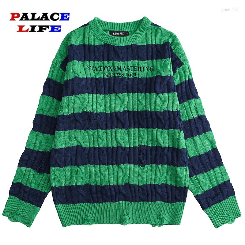 

Men's Sweaters Harajuku Autumn Casual Pullovers Knitwear Men Knitted Striped Jumper Hip Hop Hole Letter Embroidery Streetwear, Green