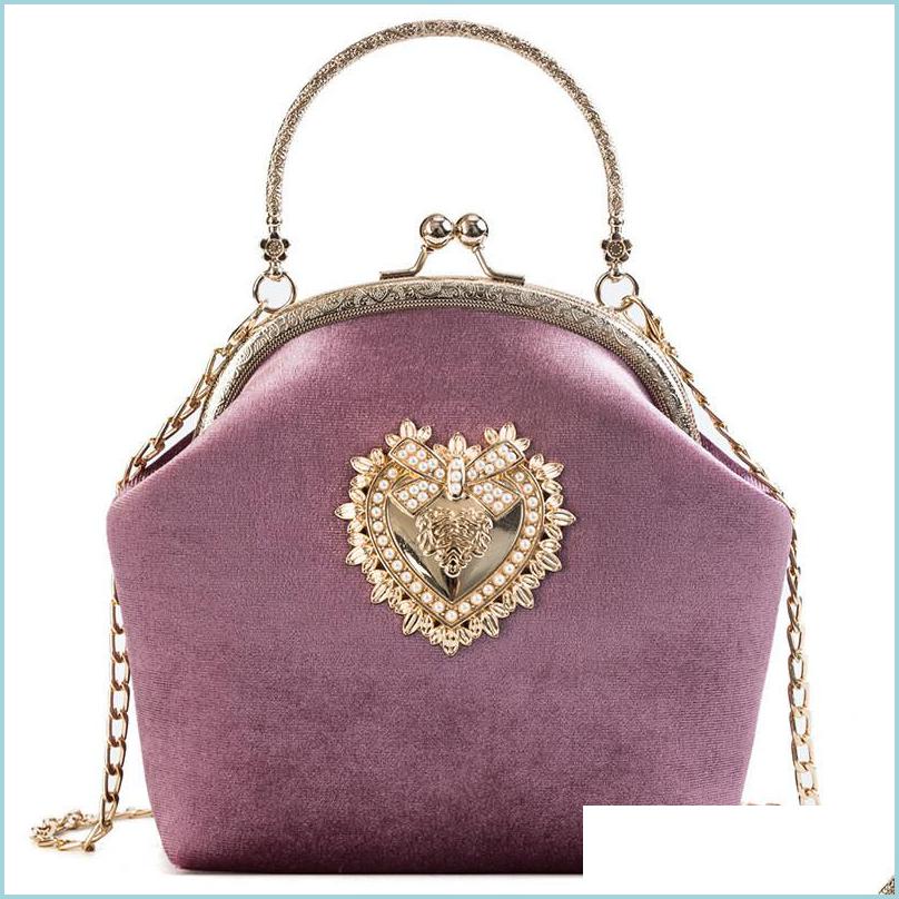 

Handbags Purses Female Veet Pearl Handbag Shoder Crossbody Bags Vintage Velour Heart Design Evening Bag Wedding Party Bride Clutch Dhbgd