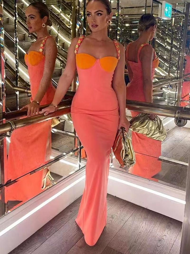 

Casual Dresses 2022 Summer Elegant Strapless Sexy Bodycon Maxi Dress Women Sleeveless Backless Long Party Slim Vestidos, Orange