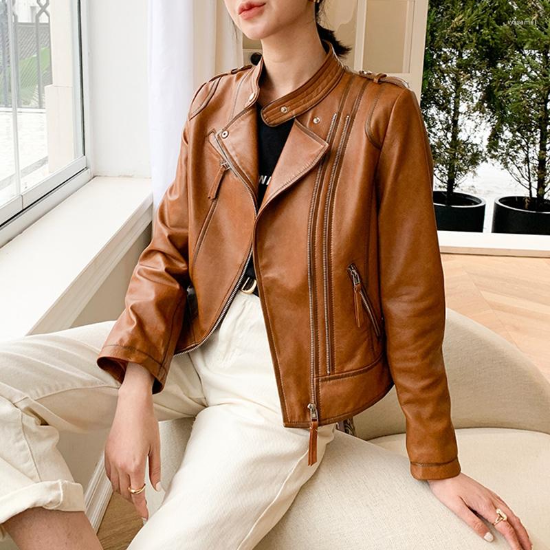 

Women's Leather Women Real Jackets Long Sleeve Solid Coat Zipper Biker Jacket 2022 Autumn Outwear AEL4066, Camel