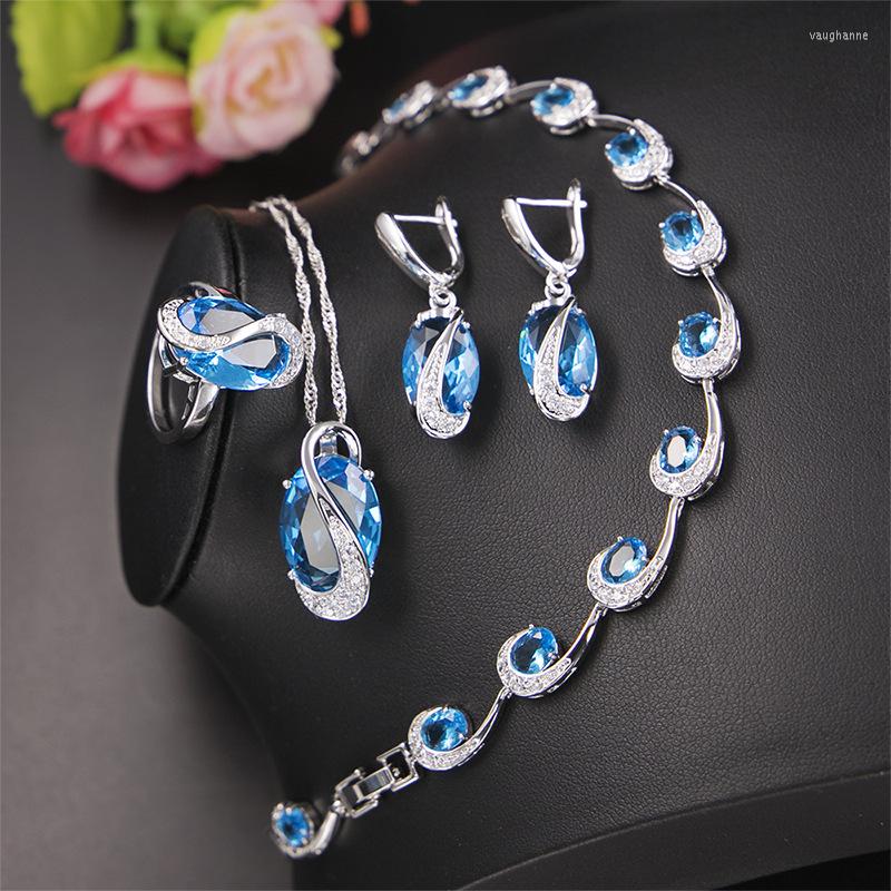 

Necklace Earrings Set Funmode 4PCS Blue Cubic Zircon Oval Shape Bridal For Female Wedding Jewelry Adornment Wholesale FS97, Picture shown