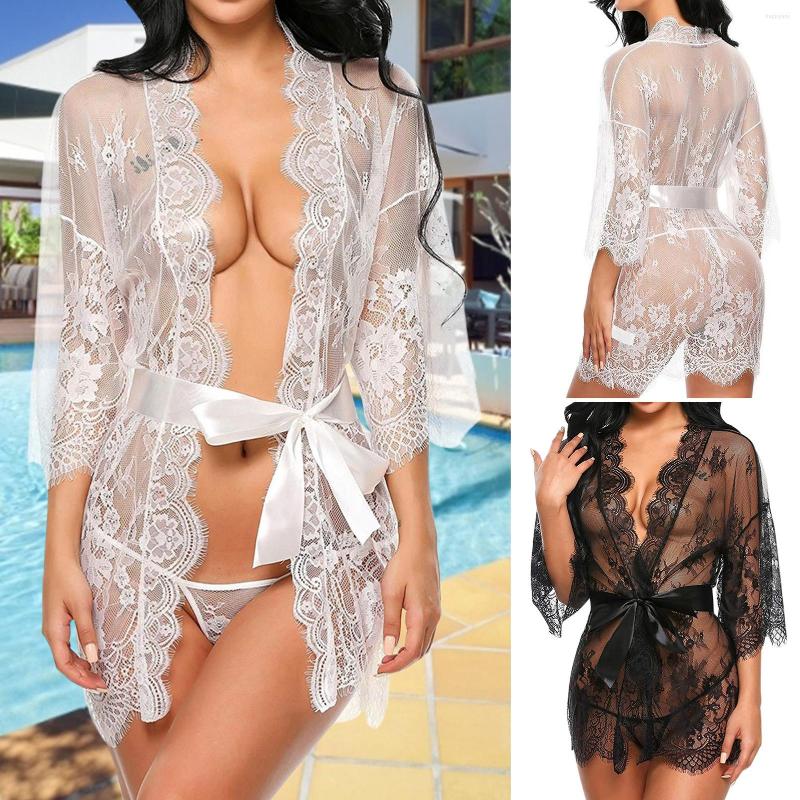 

Women's Sleepwear Woman Set Lingerie Lace Bow-knot Hollow Seductive Nightgown Sexy Panties Temptation Soft V-Neck Pajamas, White