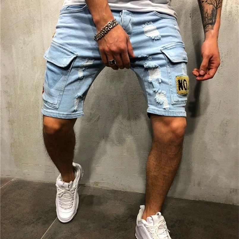 

Men's Jeans Summer Stretch Straight Short Fashion Casual Slim Fit High Quality Elastic Badge Pockets Hole Denim Shorts Male 221108, Dark blue