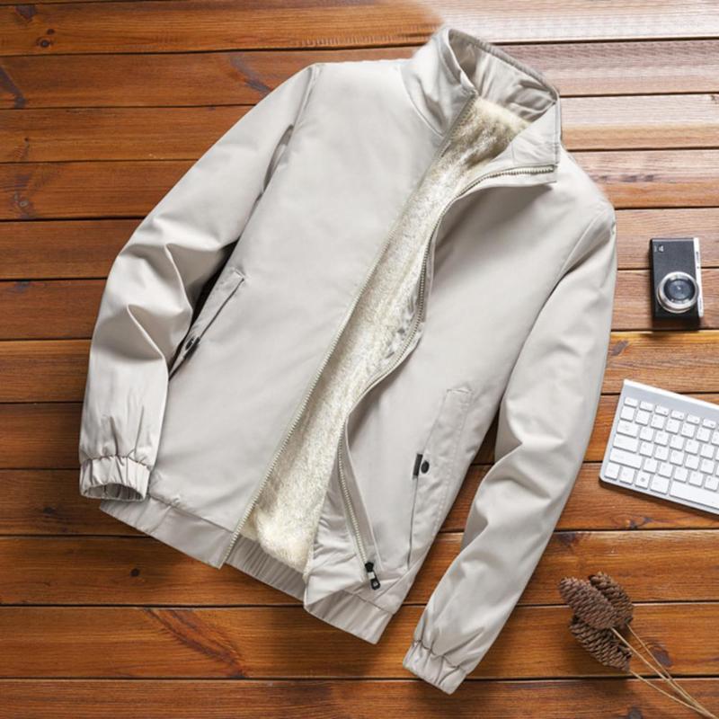 

Men's Jackets Men Jacket Fleece Lined Solid Color Long Sleeves Zipper Stand Collar Coldproof Autumn Winter Elastic Cuff Coat Streetwear, Black