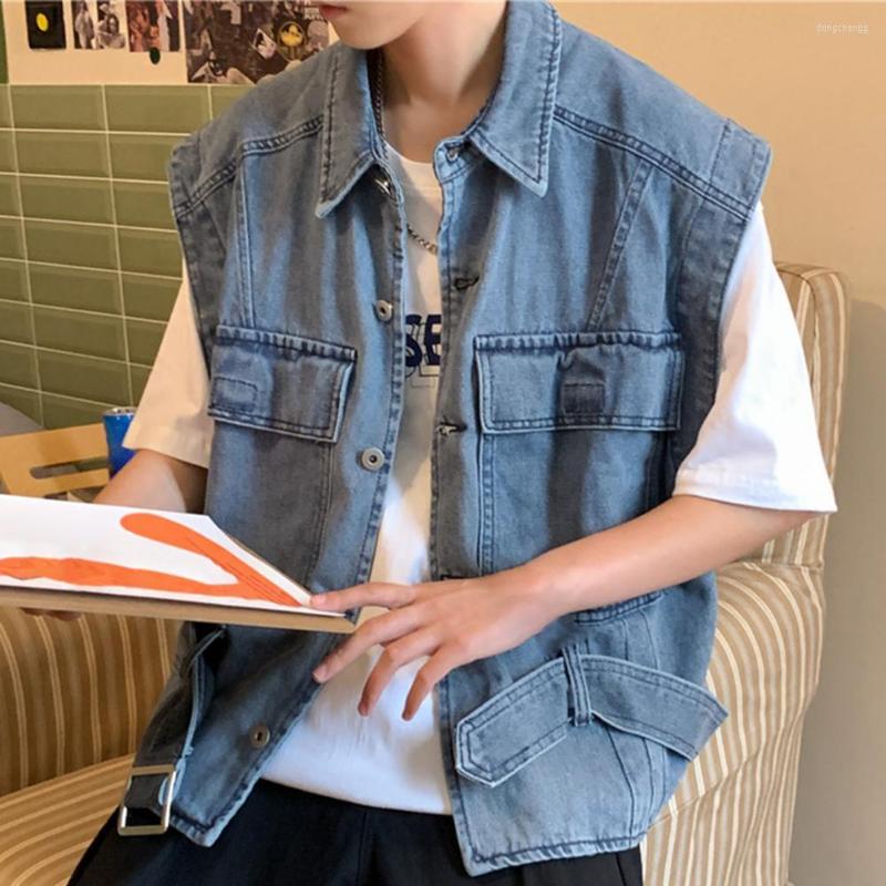 

Men' Vests Men Cargo Vest Buttons Denim Waistcoat Relaxed Fit Lapel, Black