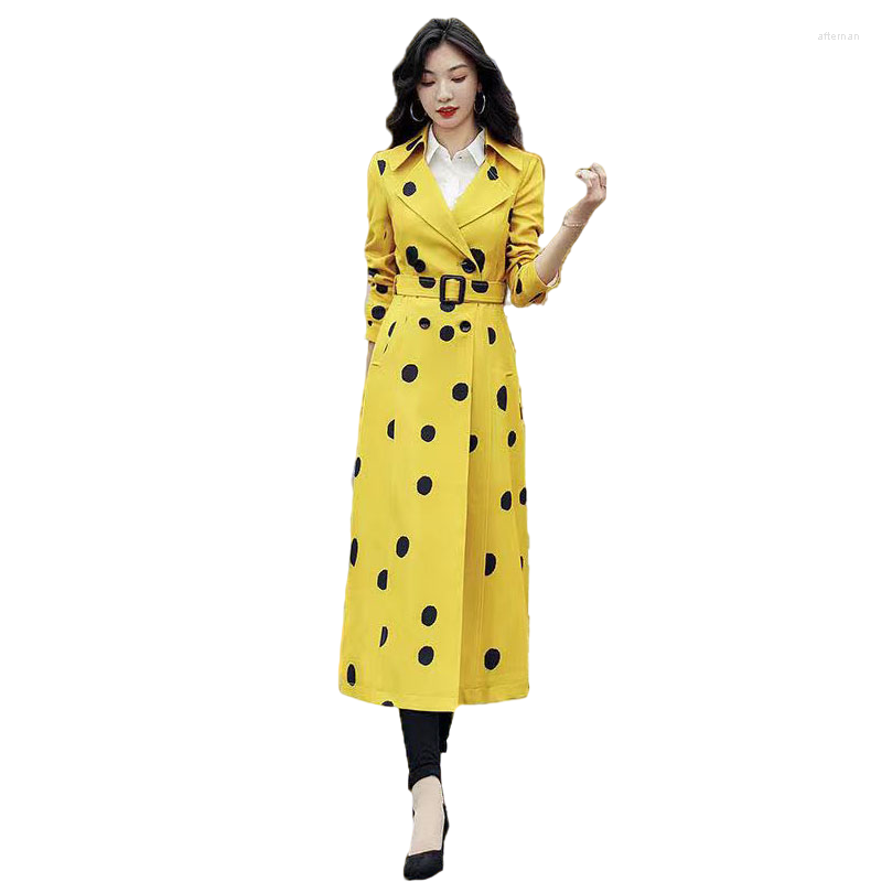 

Women' Trench Coats Women Long Coat Spring Autumn Fashion Yellow Polka Dot Print Jacket Female Slim Windbreaker Ladies Overcoat Tide G1942