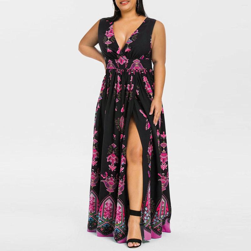 

Plus Size Dresses Sexy High Slit For Women 2022 Fashion Butterfly Sleeveless Casual Long Dress Robe Longue Boho, Black