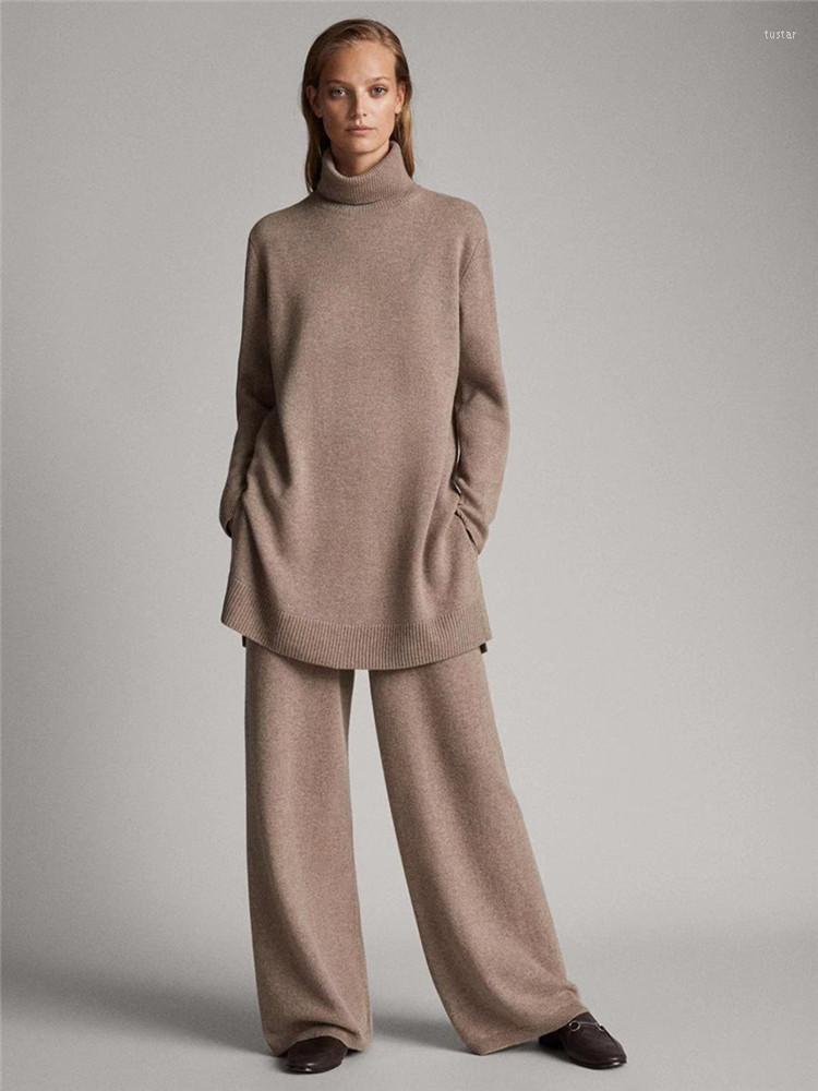 

Women' Two Piece Pants 2022 Cashmere 2 Fashion Turtleneck Sweater And Wide Leg Lazy Elastic Waist Wind Knit Two-piece Woman, Beige