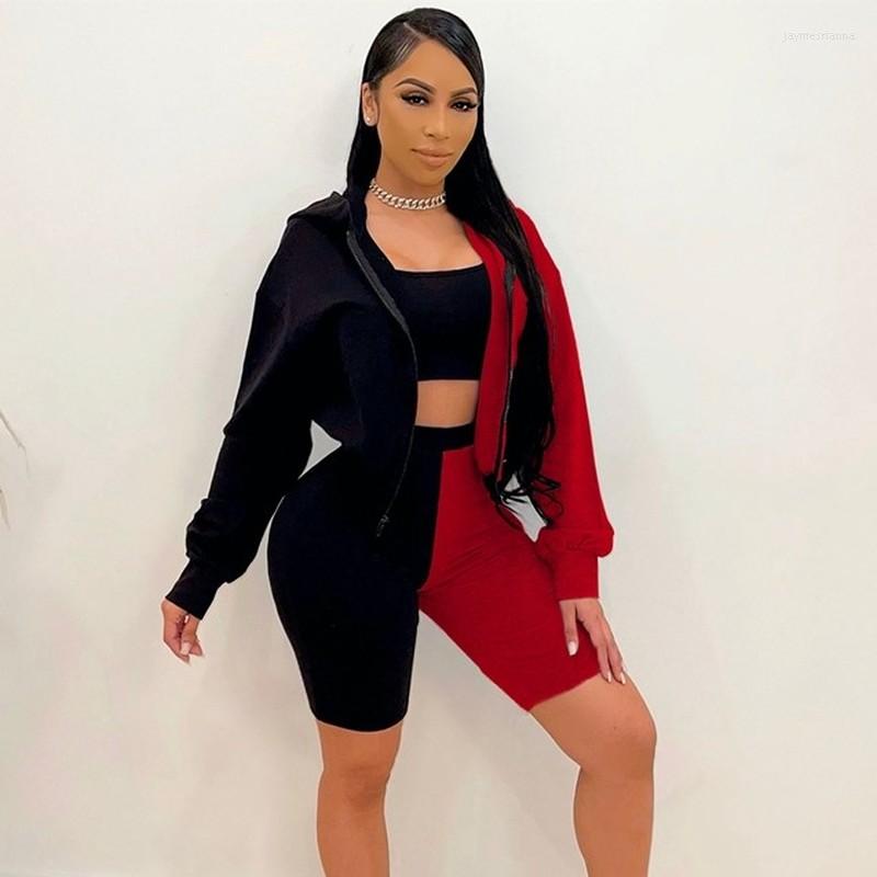 

Women' Tracksuits Spring Autumn 3 Piece Set Women Sportswear Color Patchwork Casual Tracksuit Hoodie Coat Crop Top And Biker Shorts, Gray