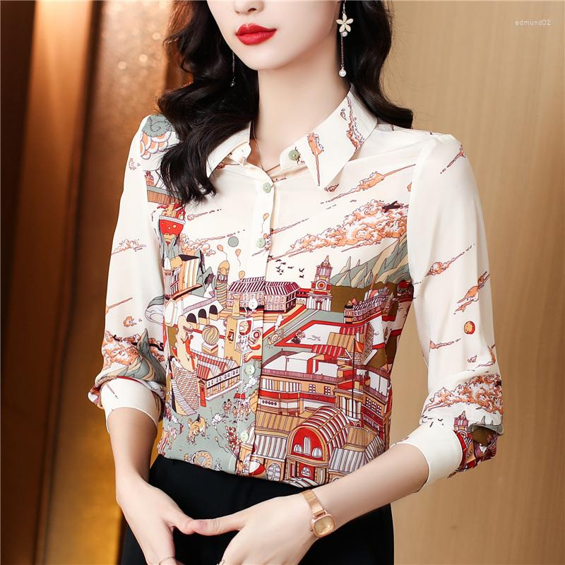 

Women' Blouses High-end Beautiful All Season Beige Mulberry Silk Hand-Painted Building Print Women Sweet Slim OL Workwear Top Shirt Blouse, Hpjr6517