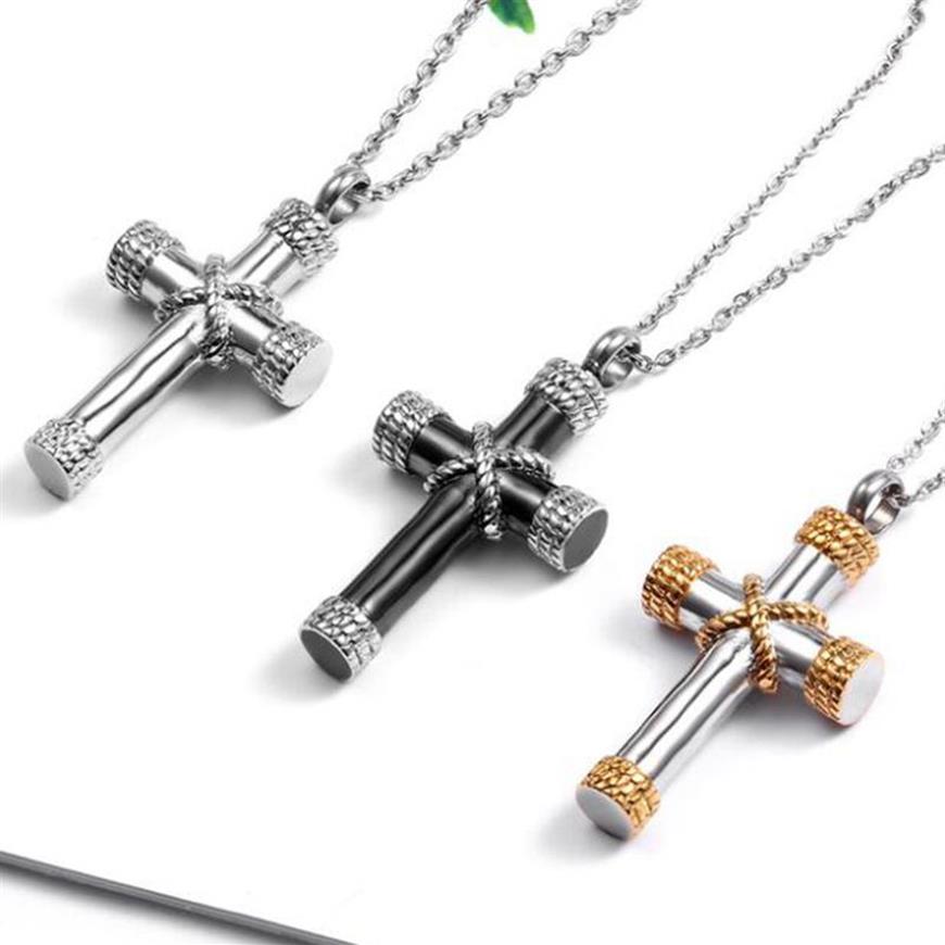 

6pcs lots Titanium Steel Openable Perfume Bottle Rope Cross Pendant Necklace Pet Urn Box Pendant For Men And Women Accessories T-279g