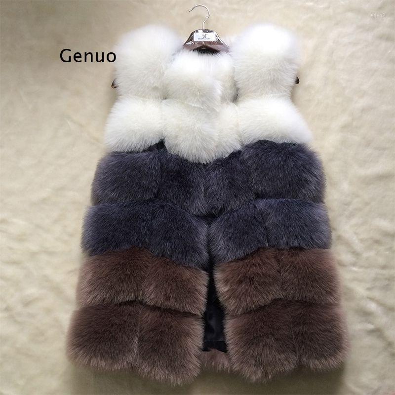 

Women' Fur 2022 Winter Warm Female Vest 3 Colors Patchwork Faux Long Coat Luxury Women' Artificial Jacket, Sliver gray khaki