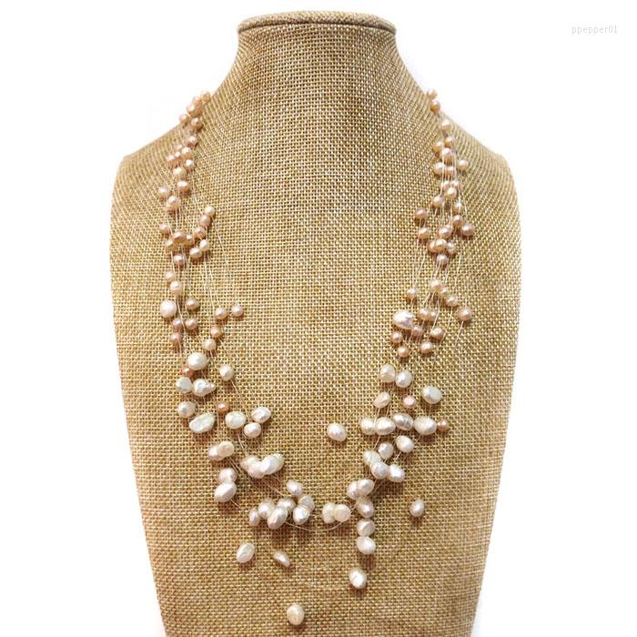 

Pendant Necklaces 18-24 Inches White&Pink Illusion 4-8mm Nugget Freshwater Pearl Multi-layered Necklace