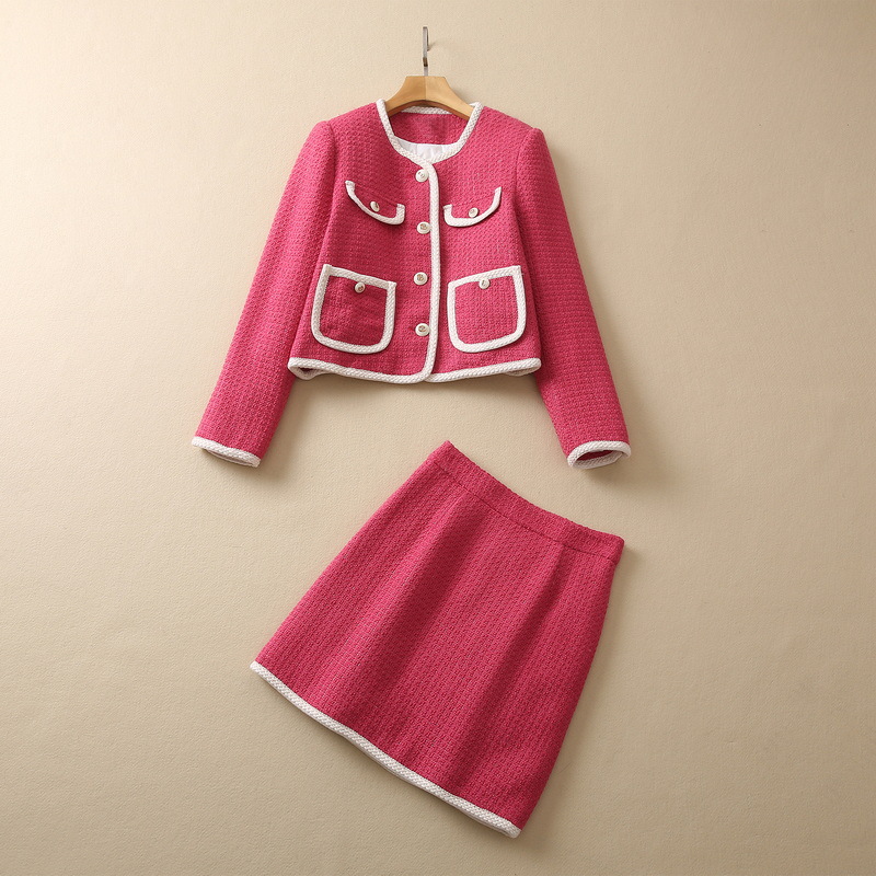 

2022 Autumn Pink Contrast Color Two Piece Dress Sets Long Sleeve Round Neck Tweed Single-Breasted Coat & Panelled Short Skirt Suits Set S2N03SK, Redpink