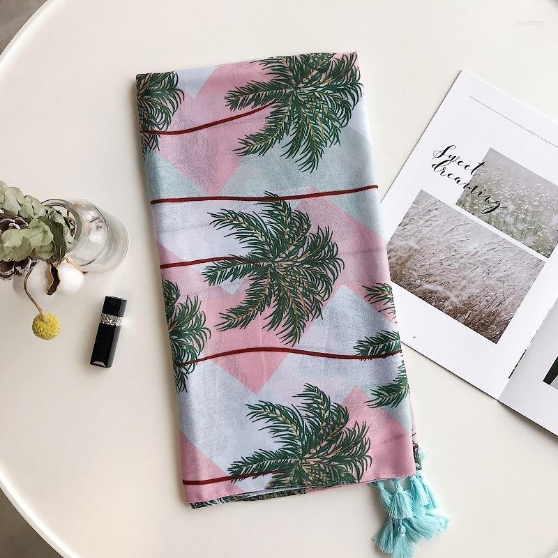 

Scarves 2022 Est Cotton Coconut Tree Print Tassel Shawl Beautiful Beach Leaves Wrap Scarf Hijab Muffler
