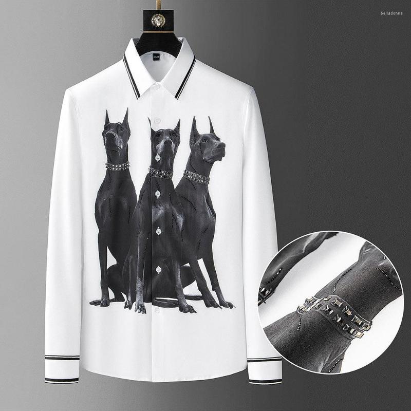 

Men's Casual Shirts 2022 Animal Dogs Print Rhinestone For Men Long Sleeve Business Dress Shirt Social Party Tuxedo Chemise Homme, Black