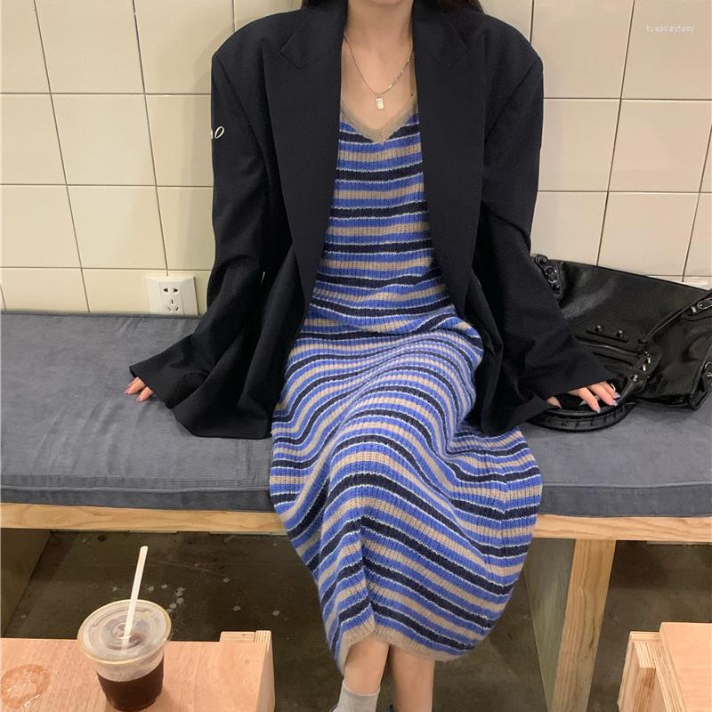 

Casual Dresses Vintage Contrast Color Striped Knitted Suspender Dress Women 2022 Autumn V-neck Sexy Backless All-match Mid-length, Blue