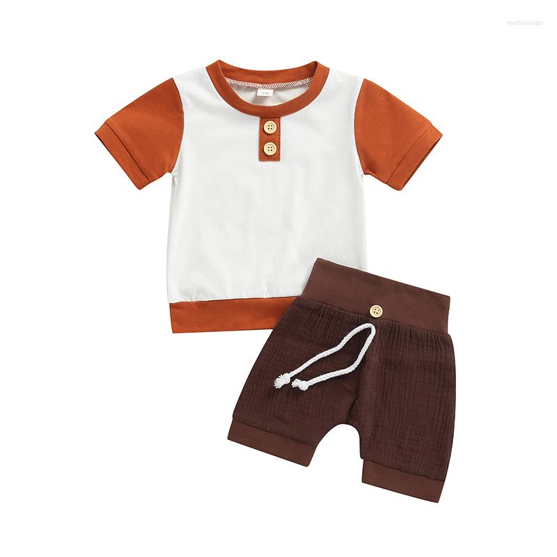 

Clothing Sets 0-3Y Casual Summer Baby Boy Button Patch Round Neck Short Sleeve T-shirt Cotton Linen Shorts Outfits 2pcs Set, Picture shown