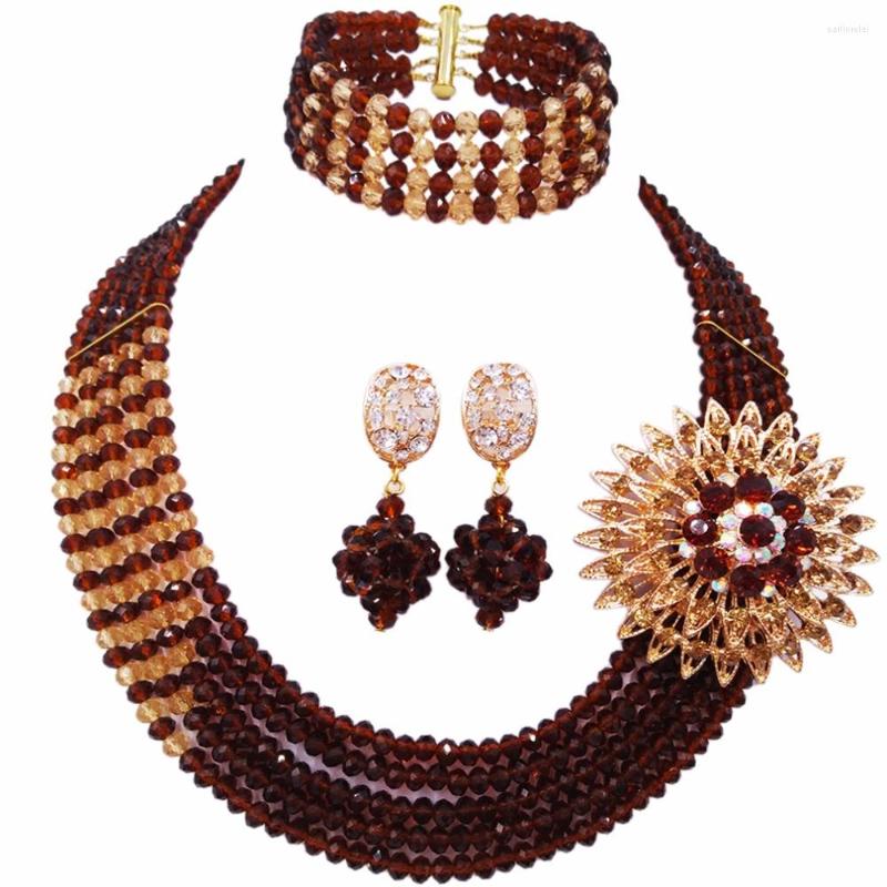 

Necklace Earrings Set Brown Champagne Gold Statement African Wedding Beads Nigerian Women Costume Jewelry Crystal, Picture shown