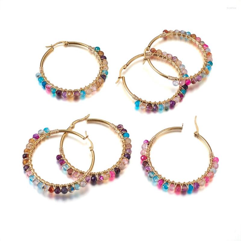 

Hoop Earrings 4 Pairs 50mm Stainless Steel Natural Agates Beads Round Circle Ear Ring Women Fashion Jewelry Gift