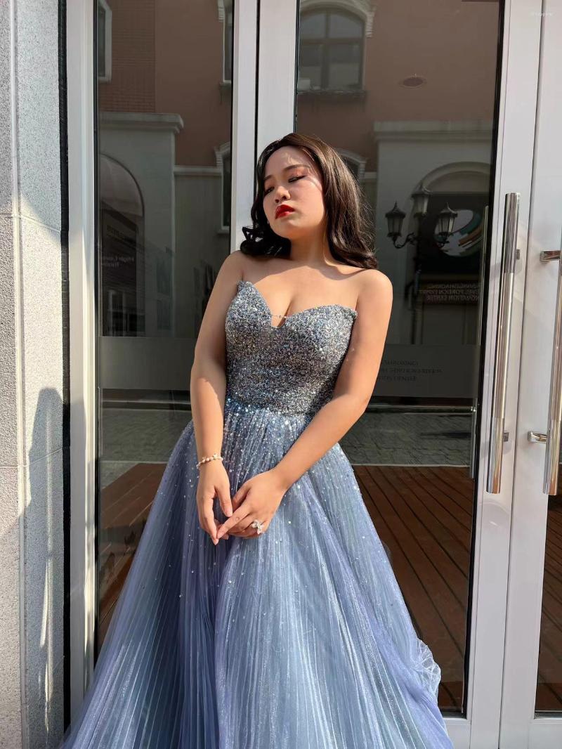

Party Dresses Blue Strapless Gowns Fashion Ladies Bling Evening Dress Luxury For Women Wedding Sexy Tulle