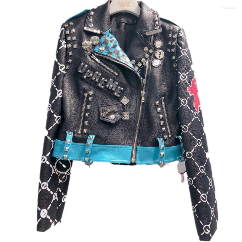 

Women' Leather Letters Graffiti Thailand Rivet Beading Jacket Female Embroidery Cartton Locomotive Pu Wq828, Picture