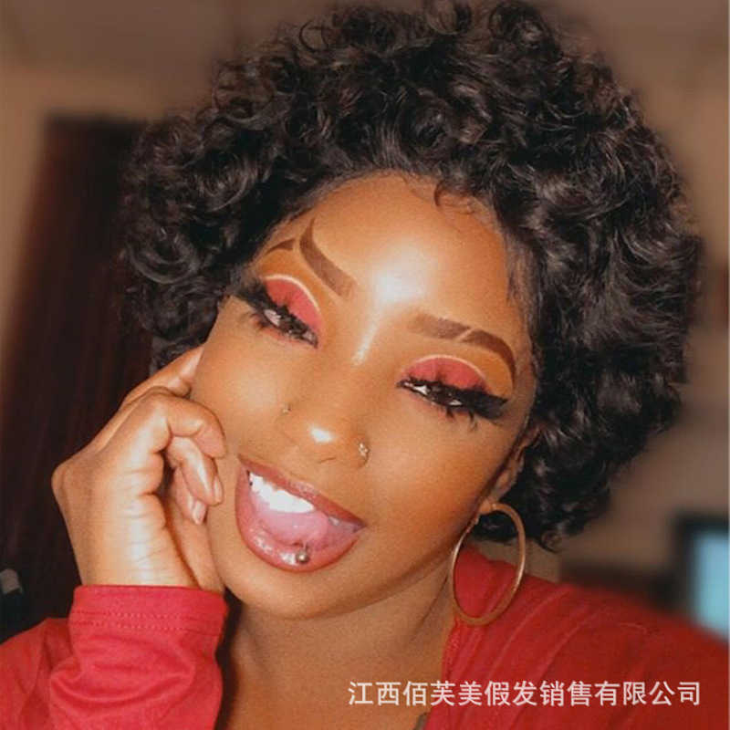 

Hair Lace Wigs Small Wig Female ffy Explosive Hair Black Short Curly Chemical Fiber Head Cover
