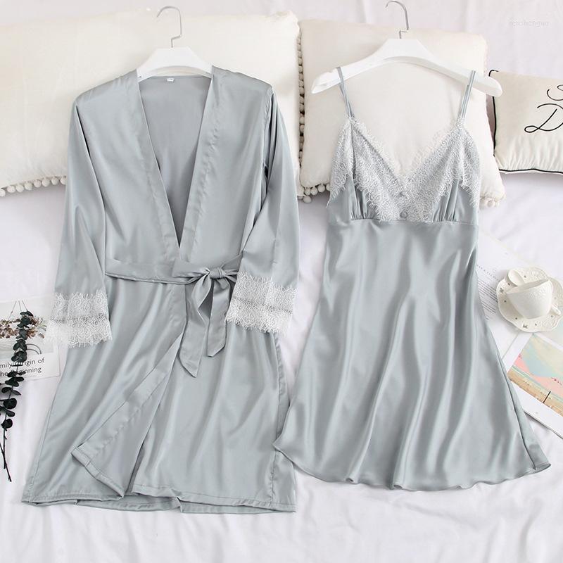 

Women's Sleepwear MECHCITIZ Silk Robe Gown Sets For Women 2022 Summer Lace Satin Bathrobe Femme Dress Sexy Lingerie Robes Set Homewear, Black