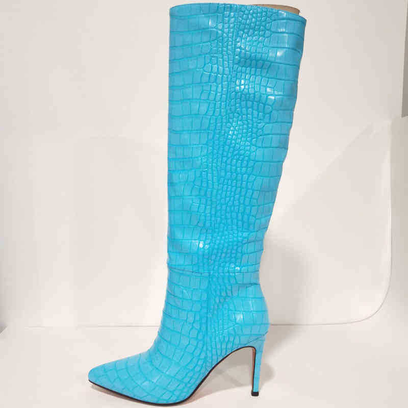 

Boots Eilyken Brand Fluorescent Green Blue Crocodile Leather Women Knee High Boots Heels Pointed Toe Spring Autumn Long Shoes Black 220913