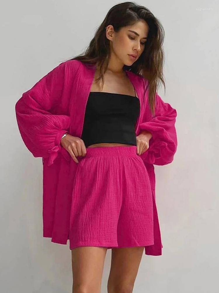 

Women' Tracksuits Women Cotton Vacation Outfits Spring Lantern Sleeve Lace Up Cardigan Shirts & Loose High Waist Wide Leg Shorts 2, Rose red