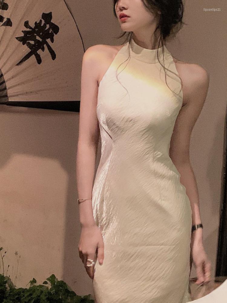 

Casual Dresses Summer Vintage Elegant Sexy Dress Women French Retro Evening Party Midi Ladies Slim Korean One-piece Cheongsam 2022, Beige