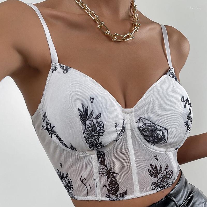 

Women' Tanks Summer Women Casual V-neck Camisole Ladies Sexy Fashion Mesh Yarn Printing Backless Exposed Navel Suspender Tops, White