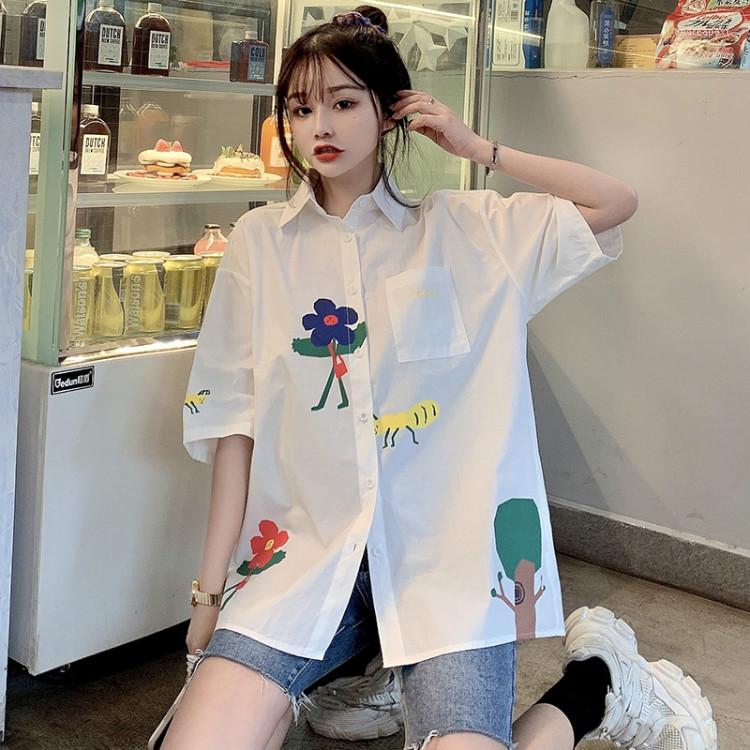 

Women's Blouses Summer College Style White Shirt Cartoon Print Top Loose Wild Short-sleeved Blouse Female
