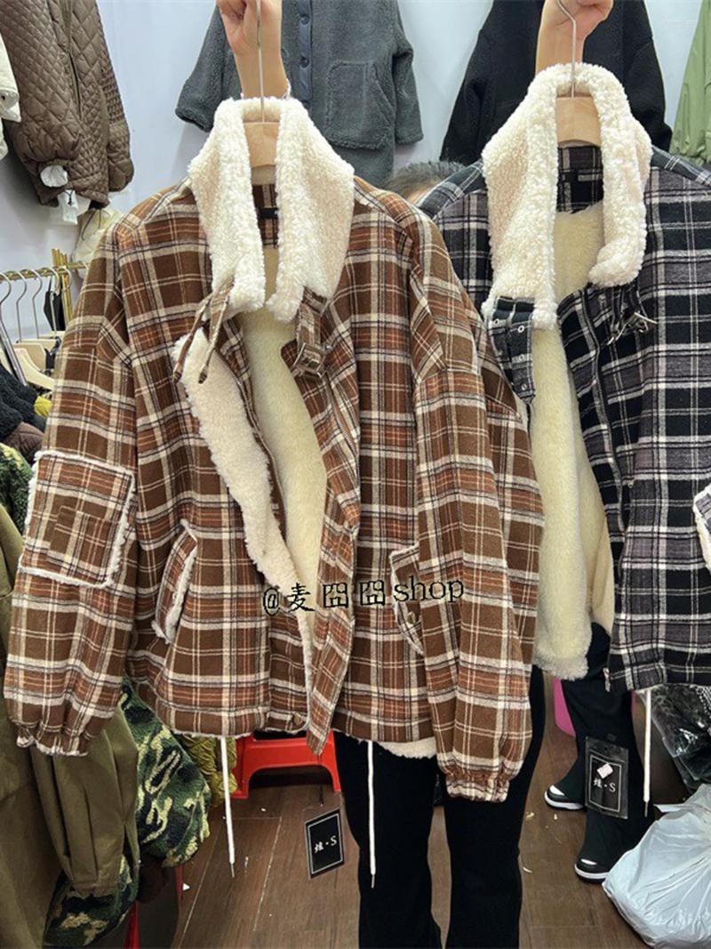 

Women's Down 2022 Winter Auutmn Plaid Patchwork Warm Jacket Women Fashion Turndown Collar Fake Hair Thickened Female, As show