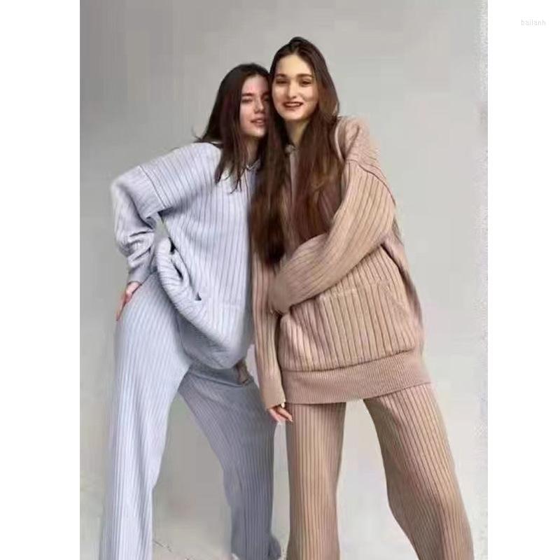 

Women's Two Piece Pants Women's Knit Suit 2022 Acrylic Casual Hooded Sweater And Solid Color Loose Wide-leg 2 Pieces, Pink