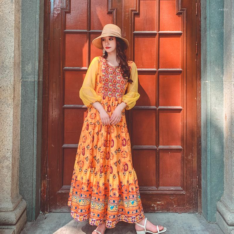 

Ethnic Clothing Summer Orange Net Red Medium Long Embroidery Stitching Thai National Style Dress Retro Fashion Skirt
