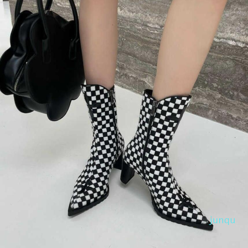 

Boots Dark Knight Women's Sharp Short Medium 2022 New Black and White Plaid Heel Side Zipper High 220923