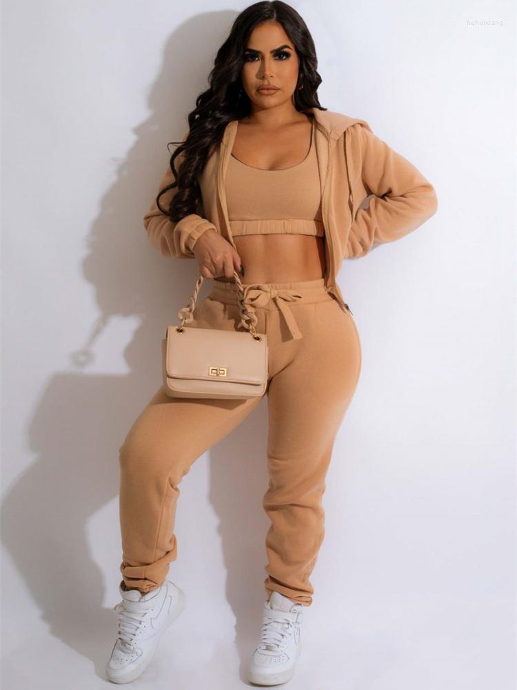 

Women' Two Piece Pants Sunny Solid 3 Set Tracksuits Women Cropped Vest Top Long Sleeve Zip Up Hooded Jacket Drawstring Jogger Suits, Black