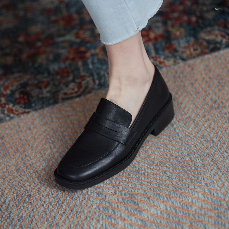 

Dress Shoes 2022 Spring Genuine Leather Slip-On Women Casual Loafers Round Toe Simple Thick Heel Woman Zapatos De Mujer, Black