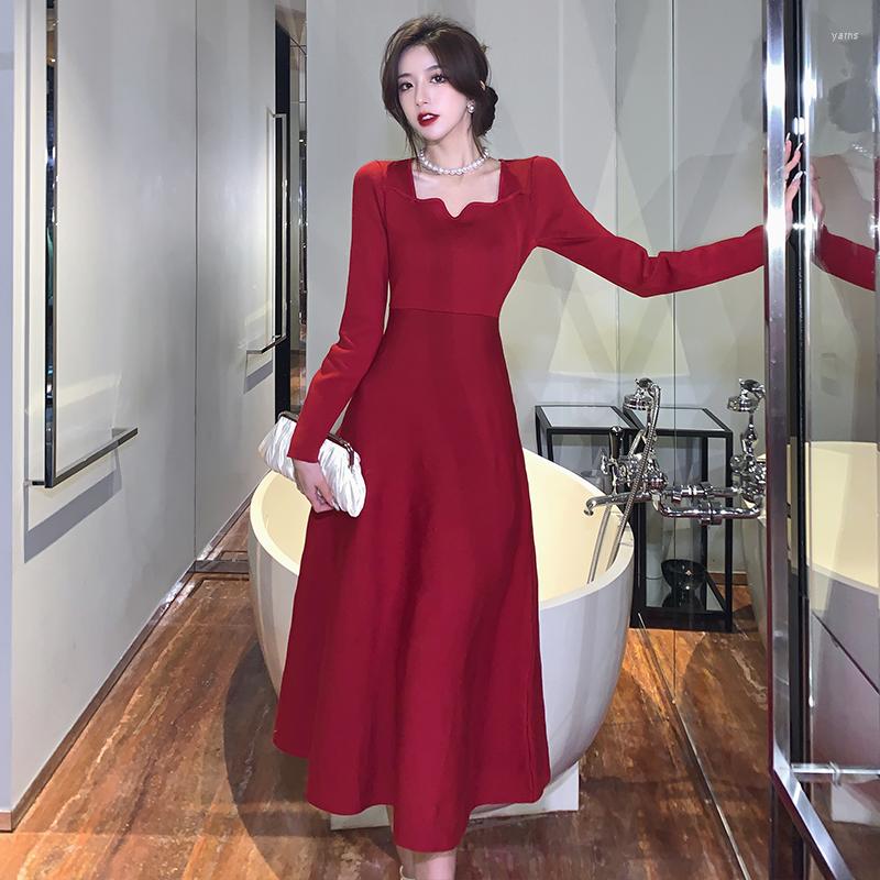 

Casual Dresses 2022 Autumn Winter Elegant Long Dress Sleeve Slim A-Line Prom Party, Green
