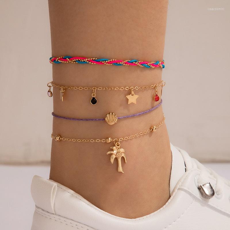 

Anklets 4Pcs/set Bohemian Fashion Personality Star Shell Coconut Tree For Women Summer Beach Anklet Chain
