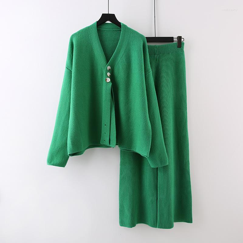 

Women's Two Piece Pants Autumn Solid Knitted Suit Women's Two-Piece Set Lady Green Loose Sweater Cardigan Knitting Wide Leg Winter, Black