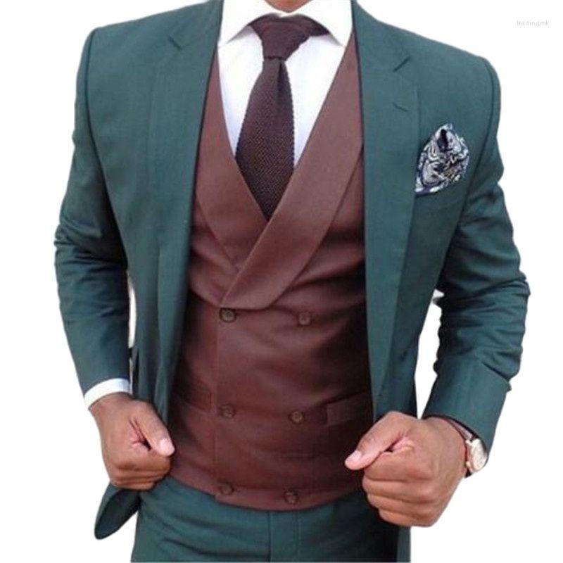

Men's Suits Dark Green Blazer Trousers Double Breasted Brown Vest Wedding Tuxedo Men Custom Made Party Wear Clothing 3Pcs Jacket Pants
