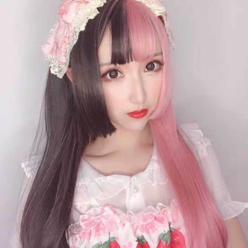 

Hair Lace Wigs Yin Yang Color Wig Female Pink Black Double Match Ji Hairstyle Princ Cut Long Straight Hair Personality Handsome Cos Fake, Black + light pink