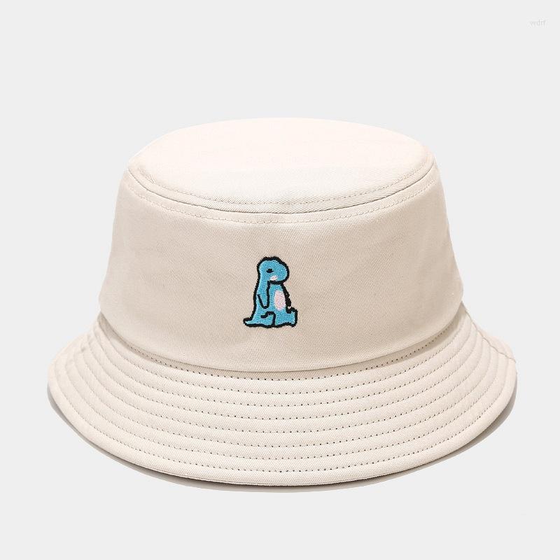 

Berets Embroidered Dinosaur Bucket Hat Hip Hop Cotton Summer Sunhat Men Cartoon Fisherman Panama Fishing Beach Sun Bob Drop, White