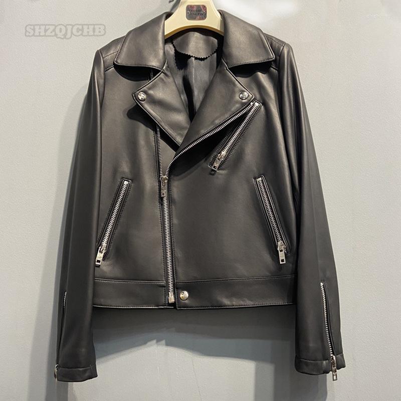 

Women' Leather 2022Autumn And Winter Sheepskin Coat Women' Lapel Long Sleeve Short Zipper Jacket, Black