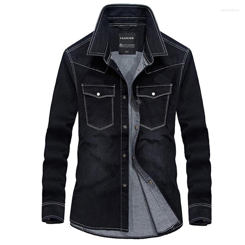 

Men's Casual Shirts Brand Denim Men Military Mens Long Sleeve Turn-down Collar Cotton Shirt Male Camisa Jeans Big Size -4XL, Black