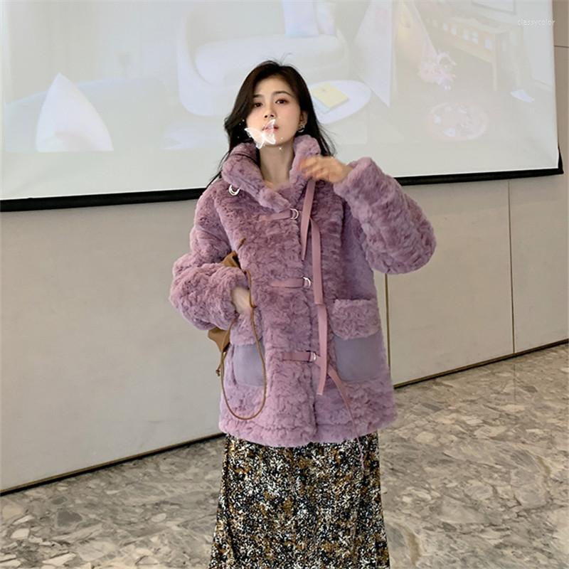 

Women' Fur Korean Winter Lamb Wool Women Faux Coat 2022 Autumn Fashion Long Sleeve Thick Warm Plush Jacket Female Loose Outerwear H1637, Purple